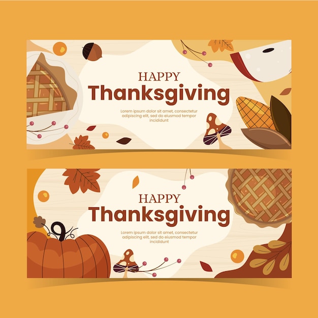 Handgetekende platte thanksgiving horizontale banners set