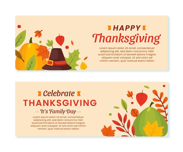 Gratis vector handgetekende platte thanksgiving horizontale banners set