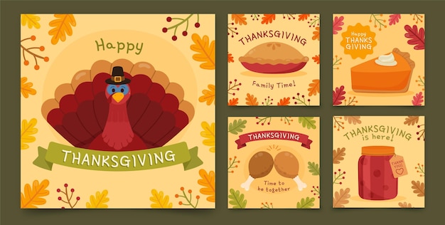 Handgetekende platte thanksgiving instagram posts collectie