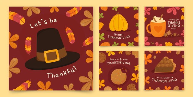 Gratis vector handgetekende platte thanksgiving instagram posts collectie