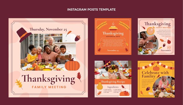 Handgetekende platte thanksgiving instagram posts collectie