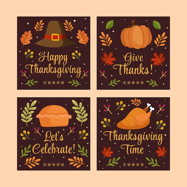 Handgetekende platte thanksgiving instagram posts collectie