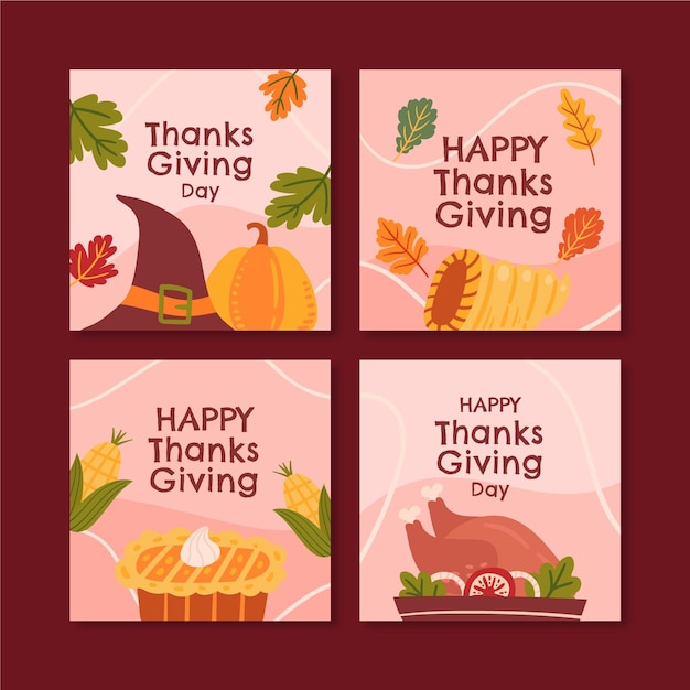 Gratis vector handgetekende platte thanksgiving instagram posts collectie