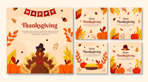 Gratis vector handgetekende platte thanksgiving instagram posts collectie