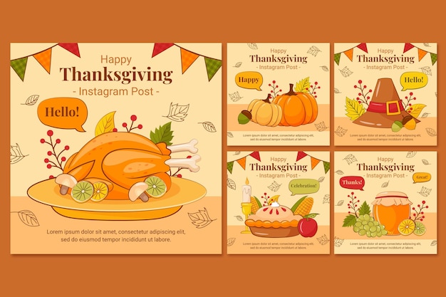 Handgetekende platte thanksgiving instagram posts collectie