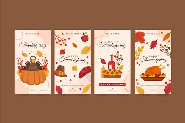 Handgetekende platte thanksgiving instagram-verhalencollectie