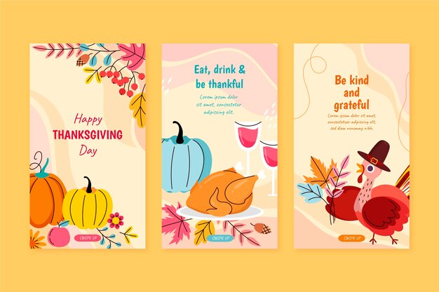 Handgetekende platte Thanksgiving Instagram-verhalencollectie