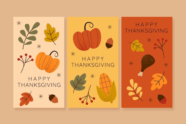 Gratis vector handgetekende platte thanksgiving instagram-verhalencollectie