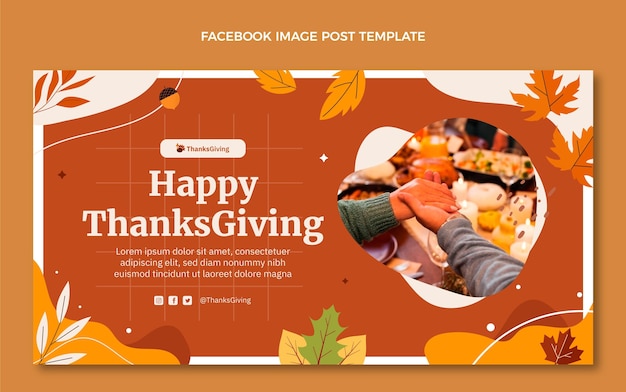 Handgetekende platte thanksgiving social media postsjabloon