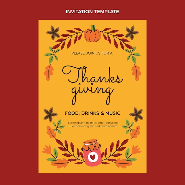 Gratis vector handgetekende platte thanksgiving-uitnodigingssjabloon