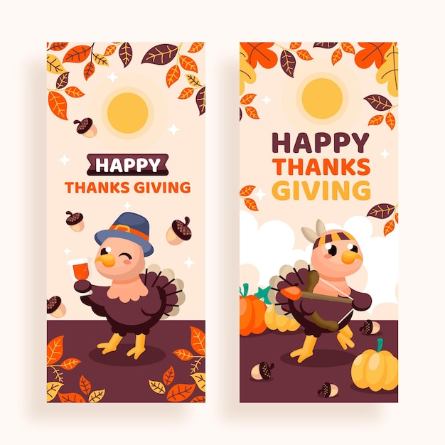 Handgetekende platte thanksgiving verticale banners set