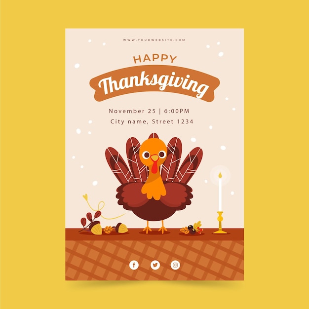 Handgetekende platte thanksgiving verticale postersjabloon