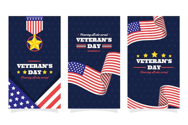 Gratis vector handgetekende platte veteranendag instagram verhalencollectie