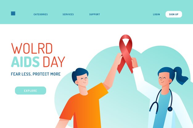 Handgetekende platte wereld aids dag bestemmingspagina sjabloon