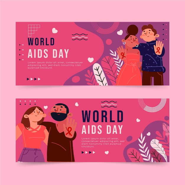 Handgetekende platte wereld aids dag horizontale banners set