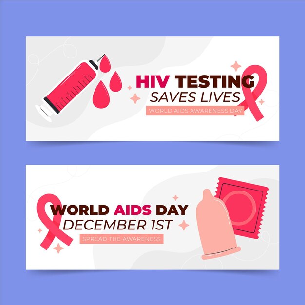 Handgetekende platte wereld aids dag horizontale banners set