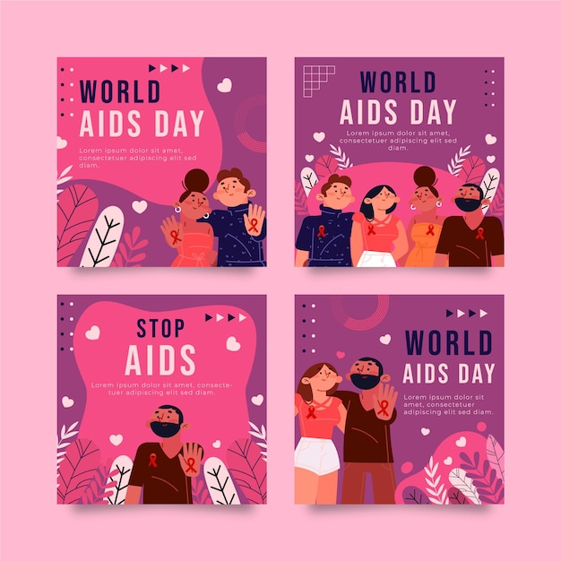 Gratis vector handgetekende platte wereld aids dag instagram posts collectie