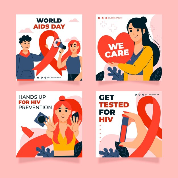 Gratis vector handgetekende platte wereld aids dag instagram posts collectie