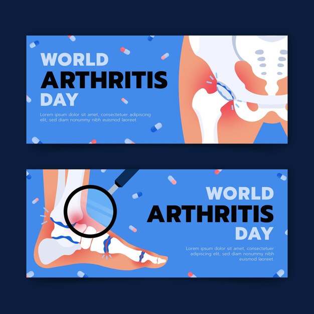 Handgetekende platte wereld artritis dag horizontale banners set