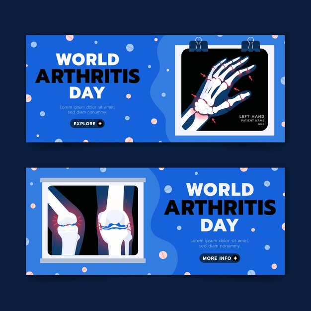 Handgetekende platte wereld artritis dag horizontale banners set