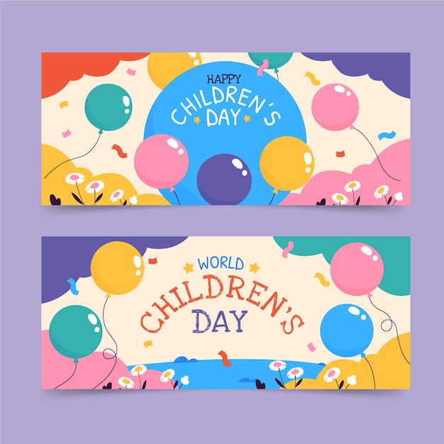 Gratis vector handgetekende platte wereld kinderdag horizontale banners set