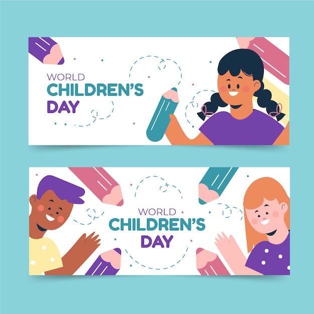 Gratis vector handgetekende platte wereld kinderdag horizontale banners set