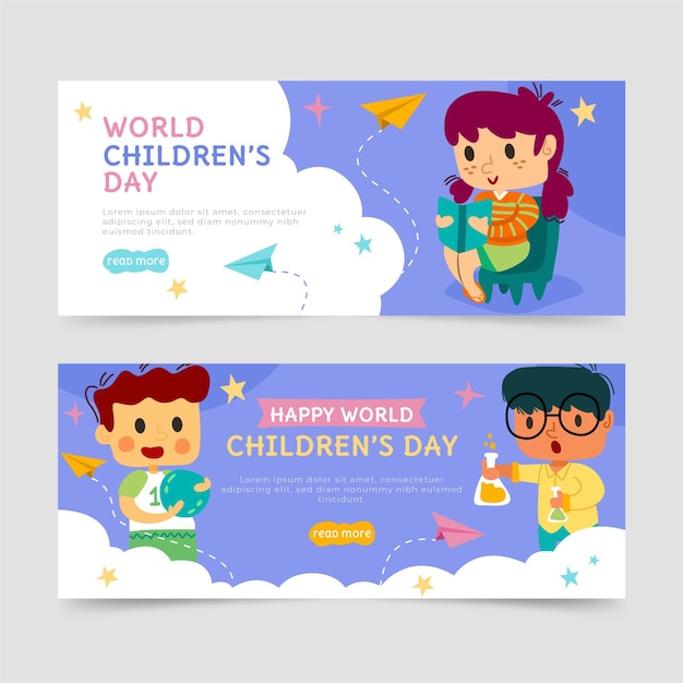 Gratis vector handgetekende platte wereld kinderdag horizontale banners set