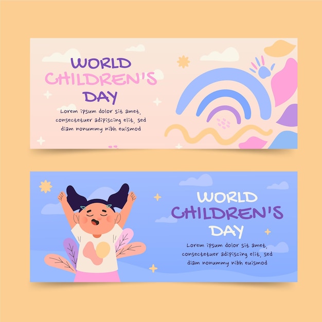 Gratis vector handgetekende platte wereld kinderdag horizontale banners set