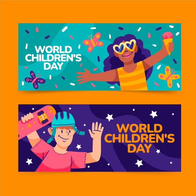 Handgetekende platte wereld kinderdag horizontale banners set