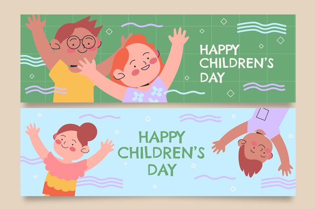 Handgetekende platte wereld kinderdag horizontale banners set