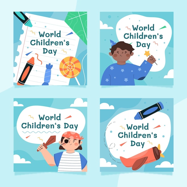 Gratis vector handgetekende platte wereld kinderdag instagram posts collectie