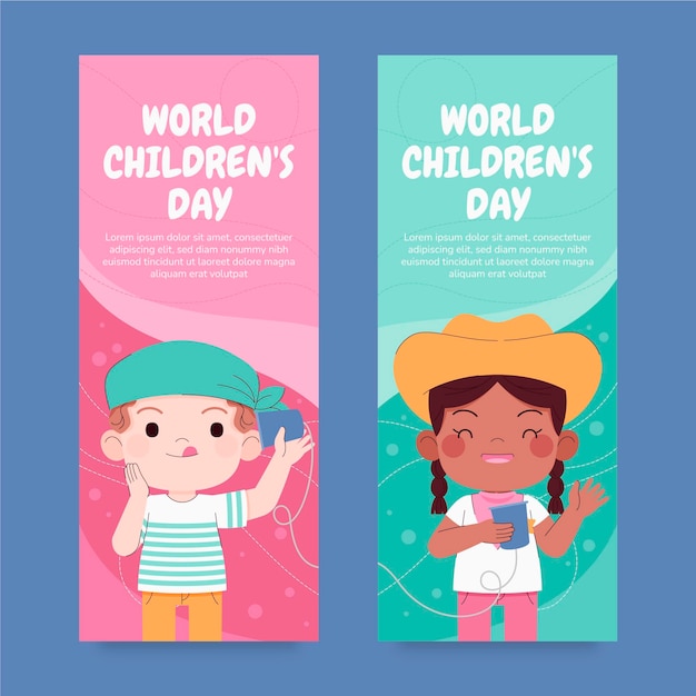 Handgetekende platte wereld kinderdag verticale banners set