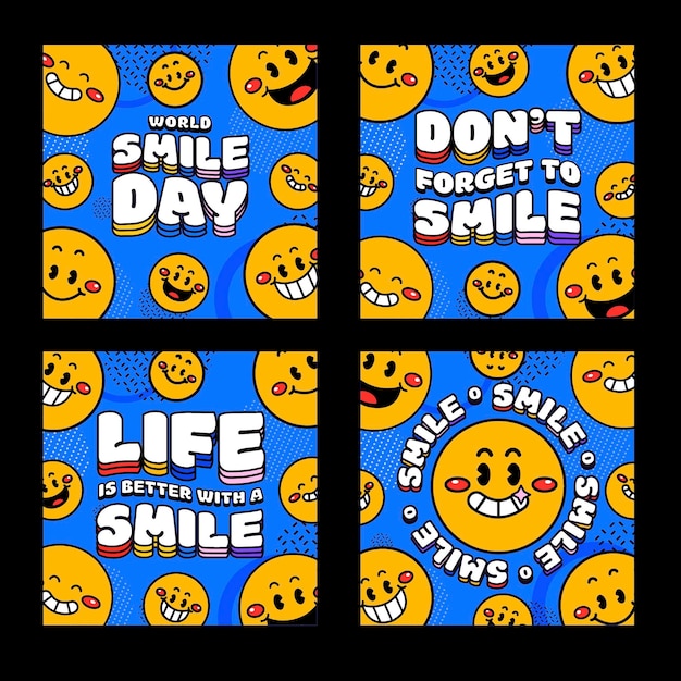 Handgetekende platte wereld smile day instagram posts collectie