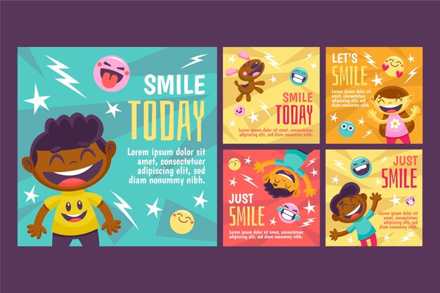 Handgetekende platte wereld smile day instagram posts collectie