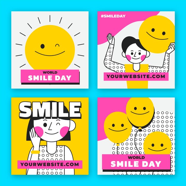 Handgetekende platte wereld smile day instagram posts collectie