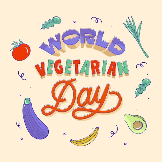 Gratis vector handgetekende platte wereld vegetarische dag belettering