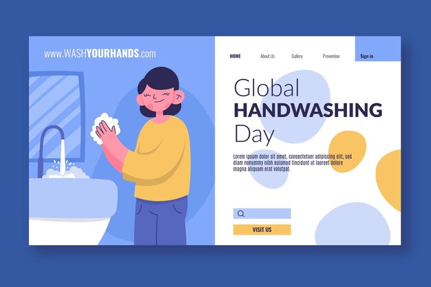 Handgetekende platte wereldwijde handwasdag bestemmingspaginasjabloon