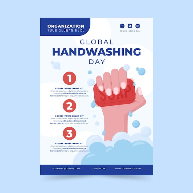 Gratis vector handgetekende platte wereldwijde handwasdag verticale flyer-sjabloon