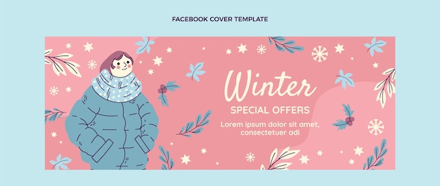 Handgetekende platte winter sociale media voorbladsjabloon