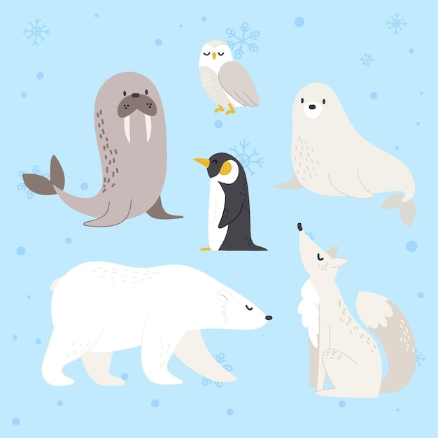 Gratis vector handgetekende platte winterdierencollectie