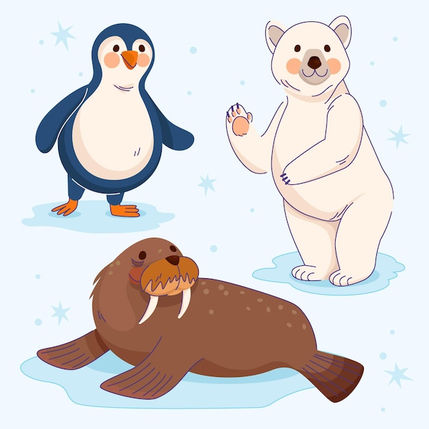 Gratis vector handgetekende platte winterdierencollectie