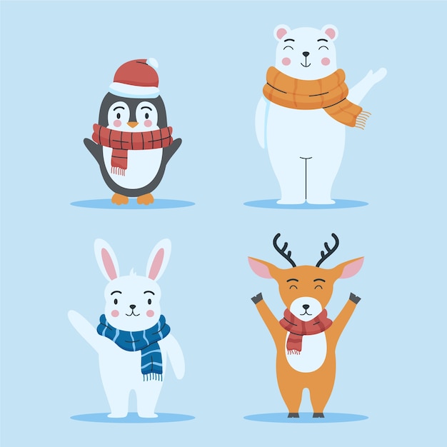 Gratis vector handgetekende platte winterdierencollectie