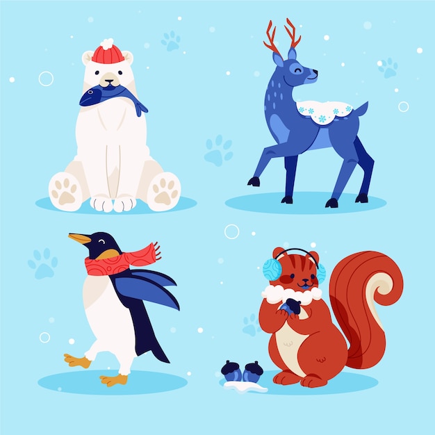 Gratis vector handgetekende platte winterdierencollectie