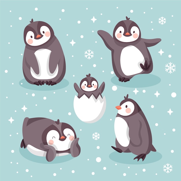 Gratis vector handgetekende platte winterdierencollectie