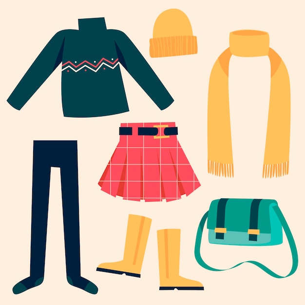 Handgetekende platte winterkleding en essentials-collectie