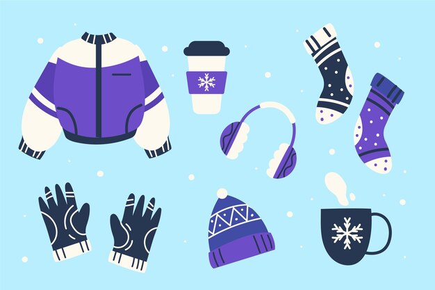 Handgetekende platte winterkleding en essentials-collectie