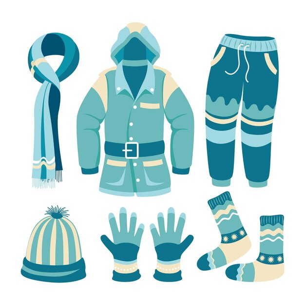 Handgetekende platte winterkleding en essentials-collectie