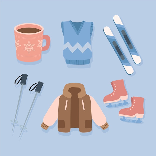 Handgetekende platte winterkleding en essentials-collectie