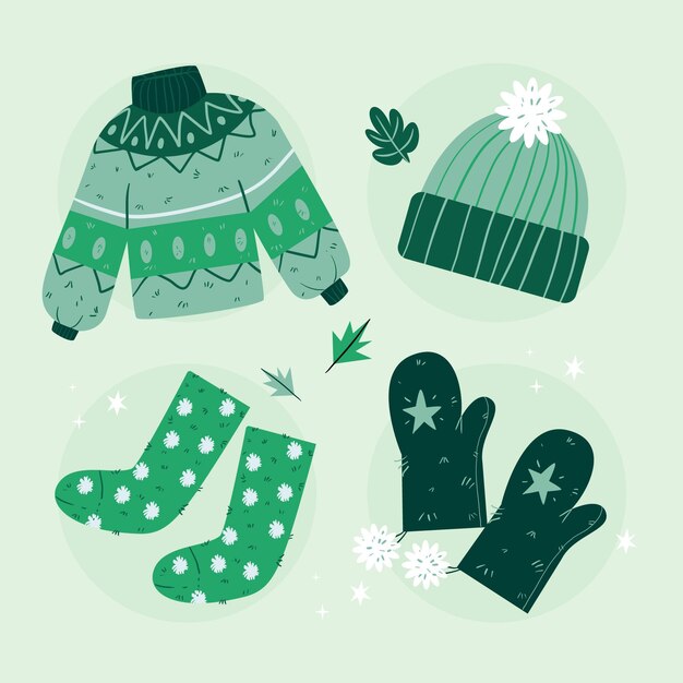 Handgetekende platte winterkleding en essentials-collectie