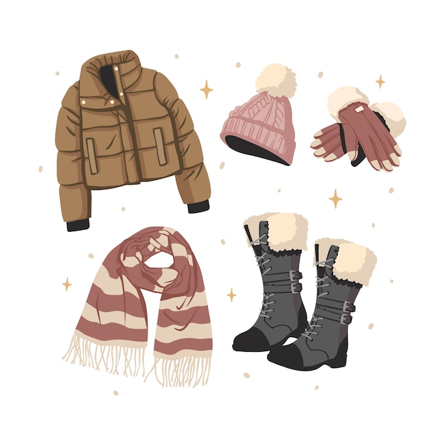 Handgetekende platte winterkleding en essentials-collectie